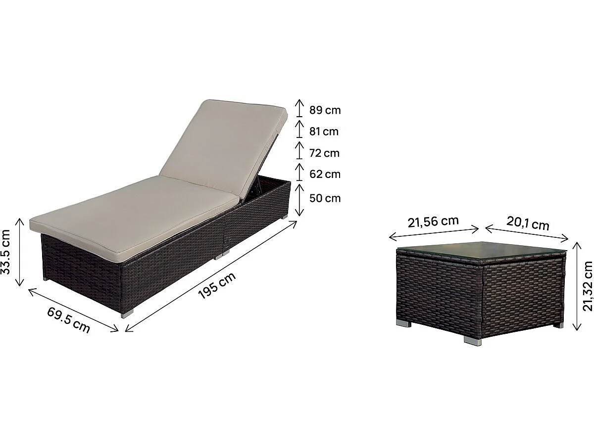 Lot de 2 bains de soleil en résine tressée avec coussins et table basse "Alice" - Ecru