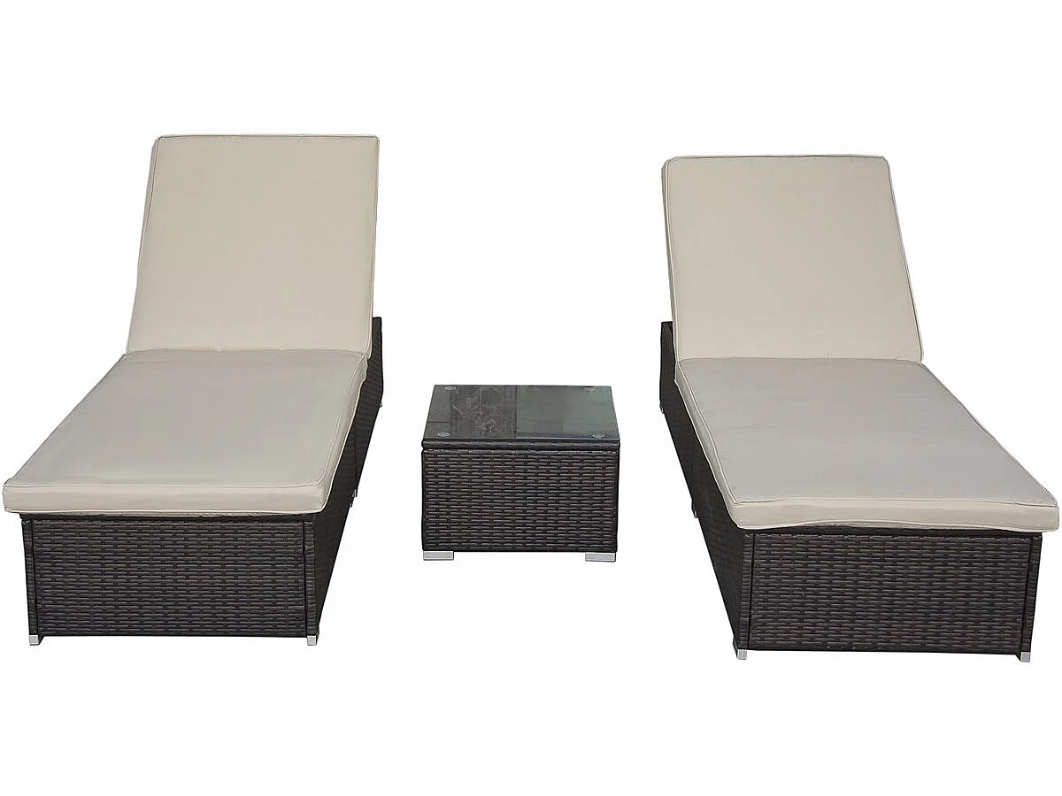 Lot de 2 bains de soleil en résine tressée avec coussins et table basse "Alice" - Ecru