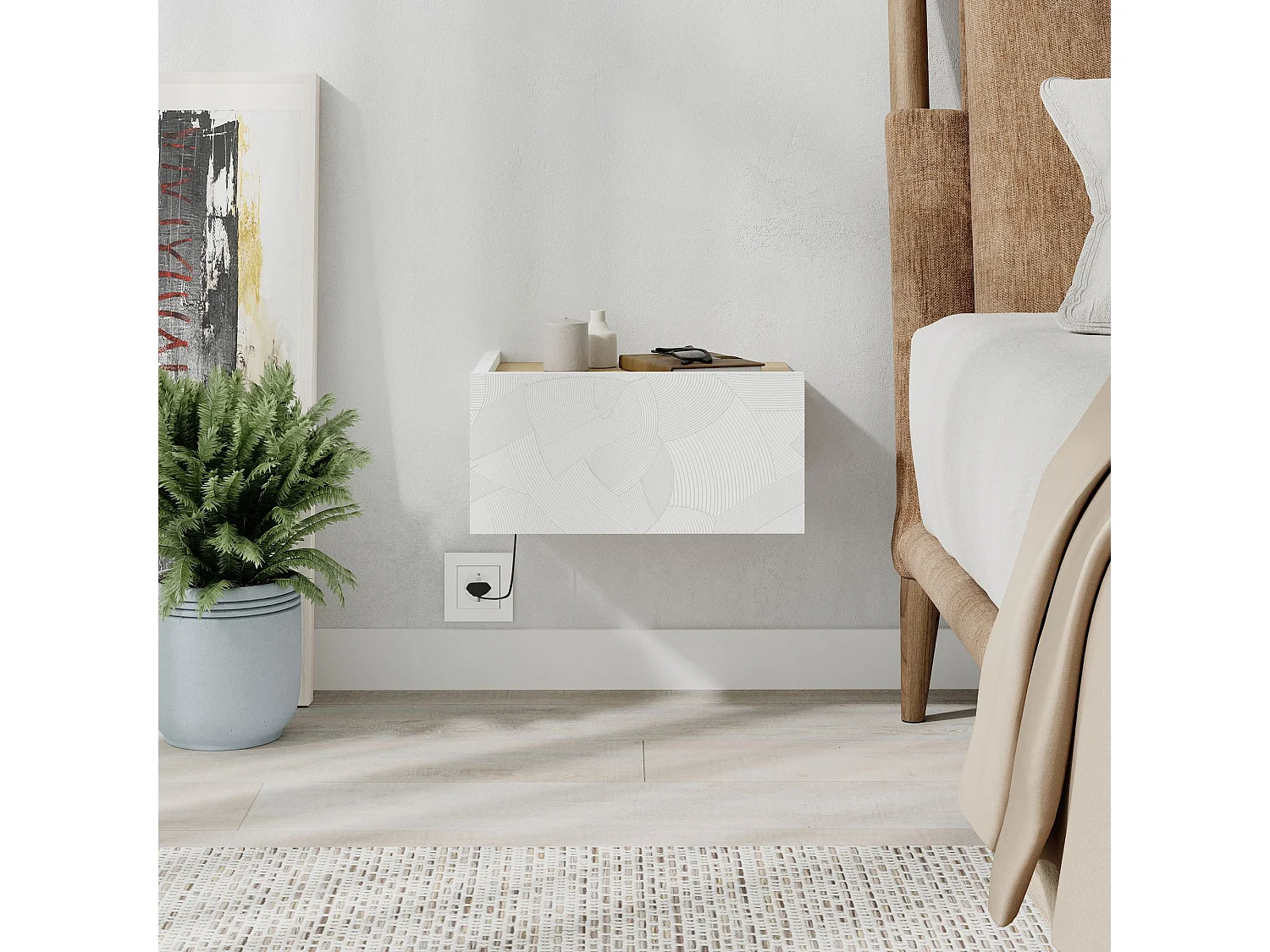 Nachttisch mit LED-Beleuchtung aus Holz "Onda" - 38 x 31 x 18 cm - Weiß