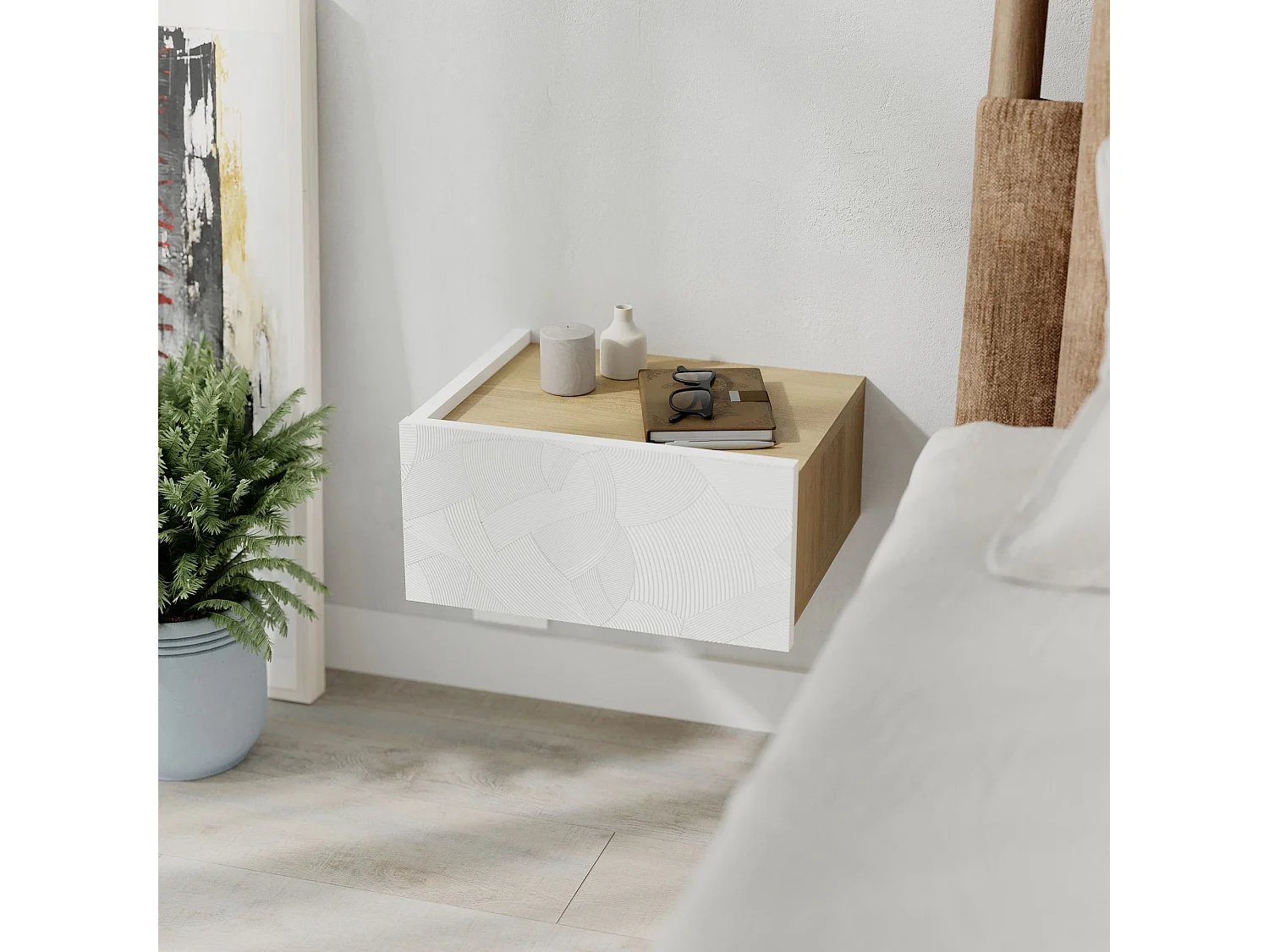 Nachttisch mit LED-Beleuchtung aus Holz "Onda" - 38 x 31 x 18 cm - Weiß