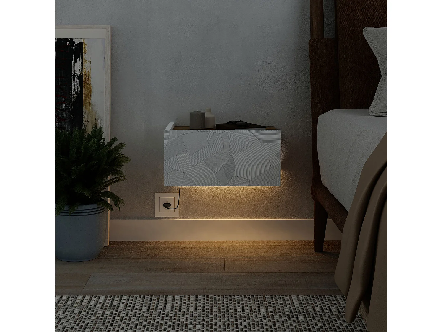 Nachttisch mit LED-Beleuchtung aus Holz "Onda" - 38 x 31 x 18 cm - Weiß