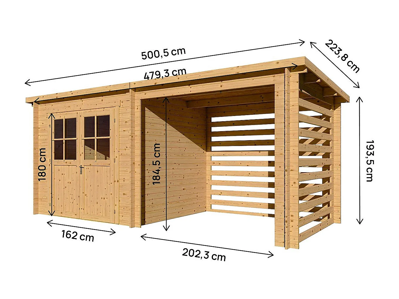 Abri de jardin bois avec appentis "Aureval" - 11m² - 2.24 x 5.01 x 2.07 m - 28 mm