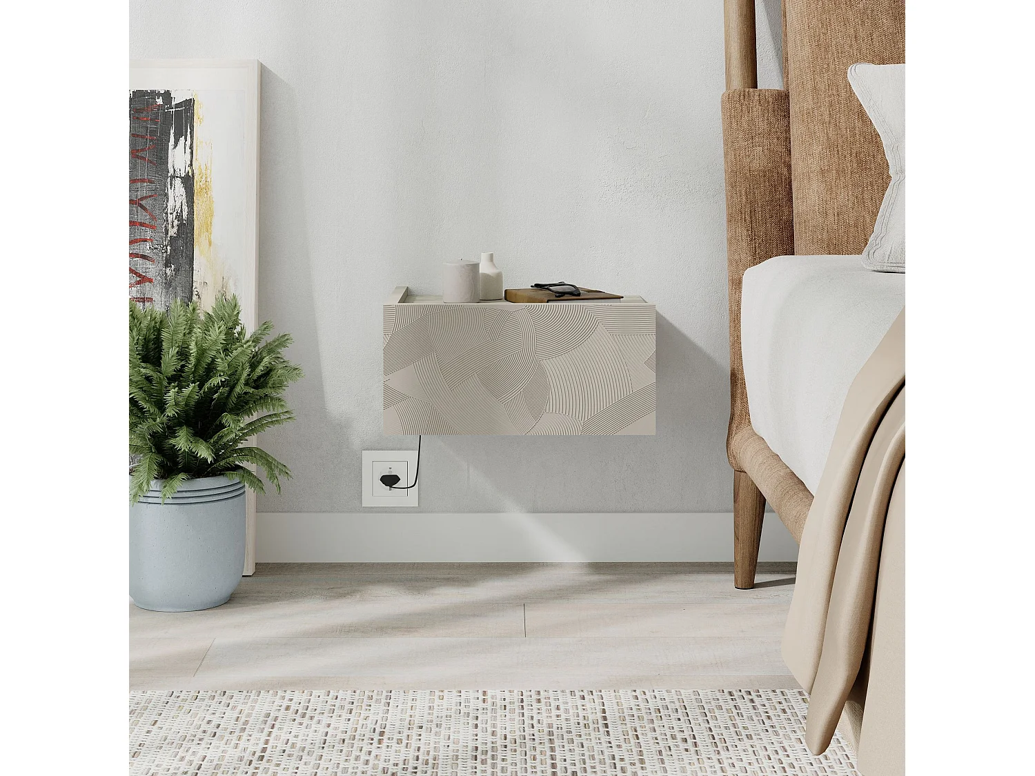 Nachttisch mit LED-Beleuchtung aus Holz "Onda" - 38 x 31 x 18 cm - Beige