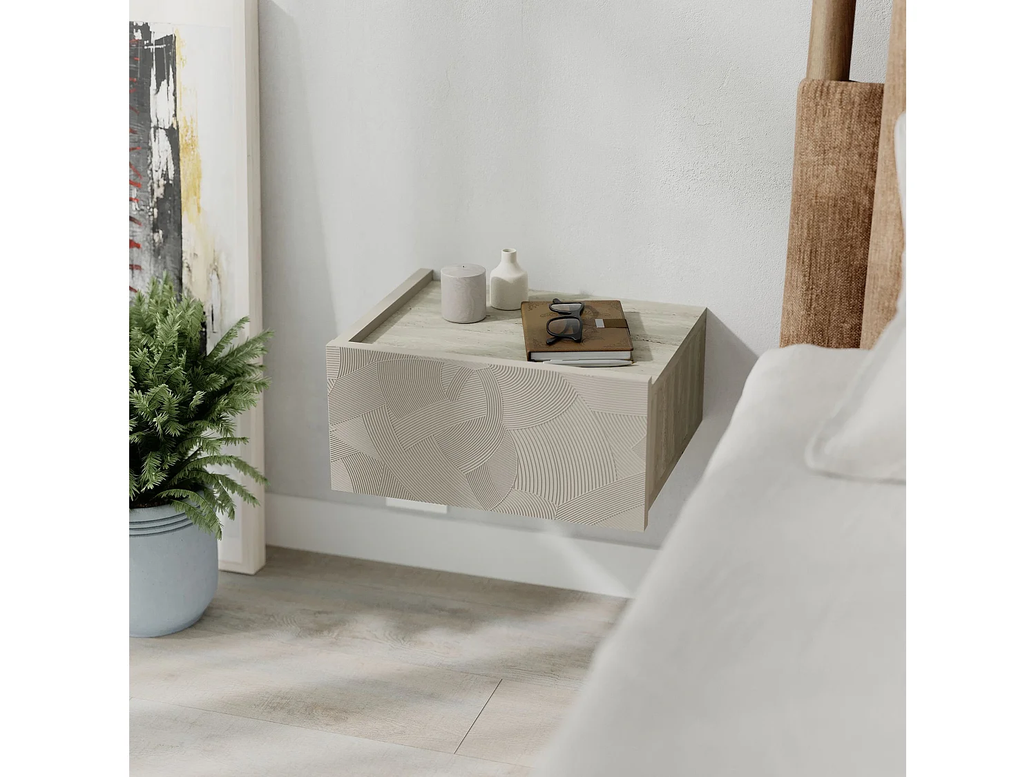 Nachttisch mit LED-Beleuchtung aus Holz "Onda" - 38 x 31 x 18 cm - Beige