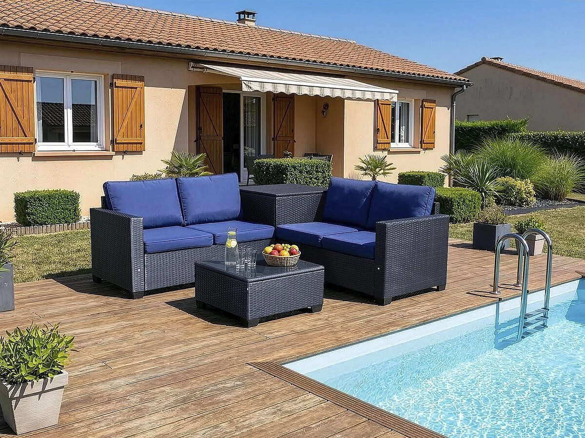Gartenmöbel aus geflochtenem Harz mit Aufbewahrungsbox "Riley" - 4 Sitzplätze - Dunkelblau