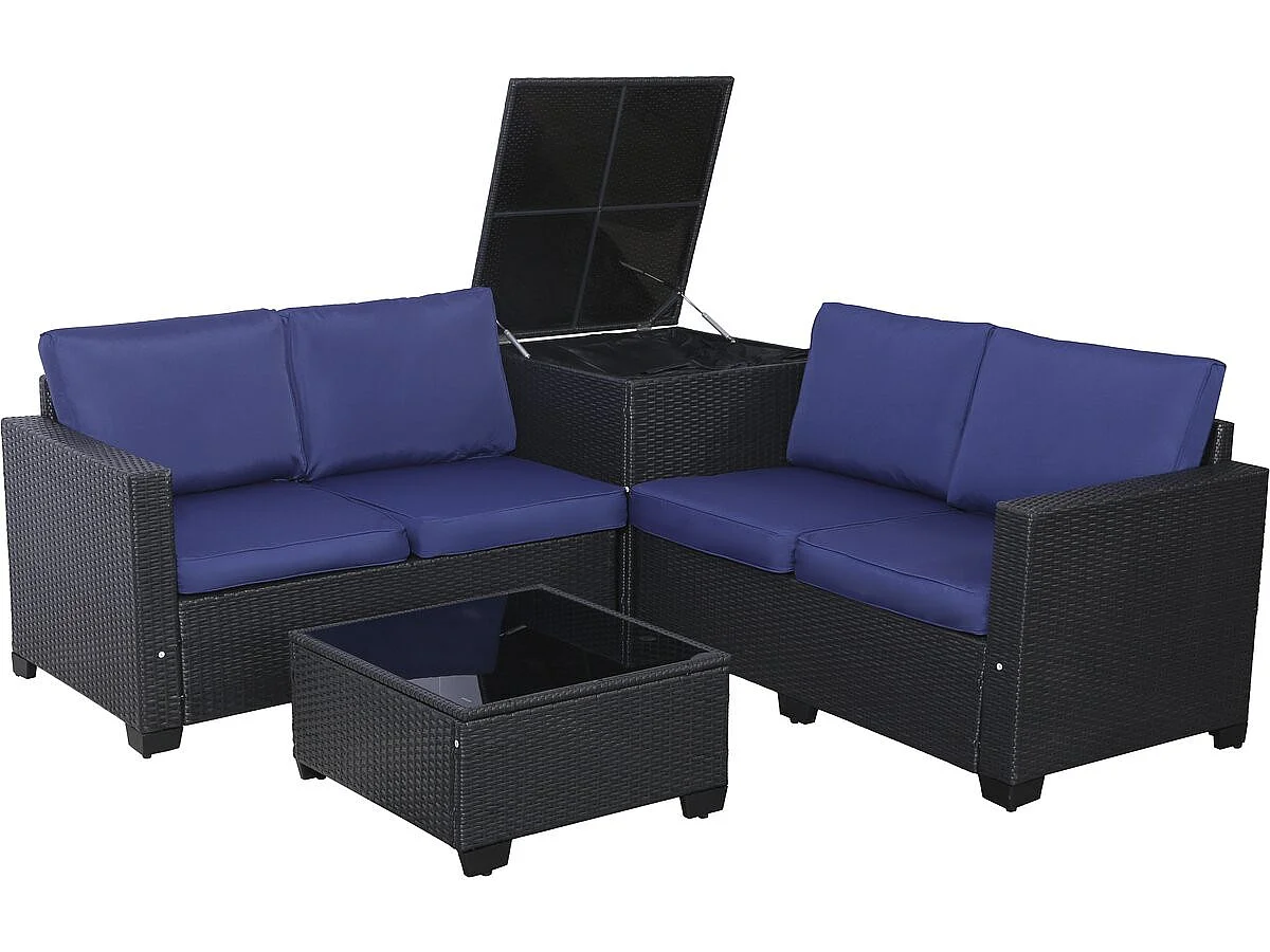 Conjunto de jardín de resina trenzada con baúl de almacenamiento <<Riley>> - 4 plazas - Azul oscuro