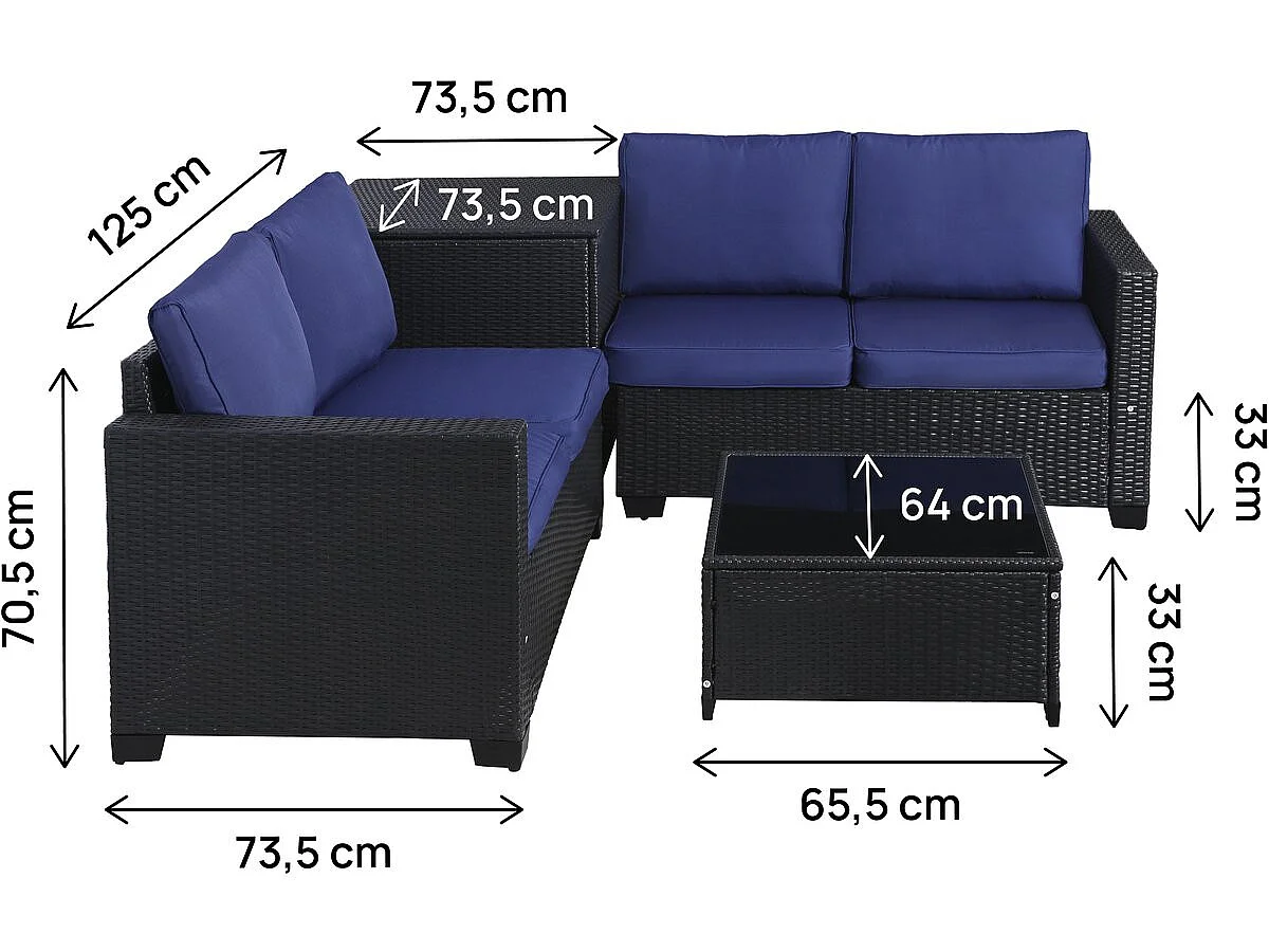 Conjunto de jardín de resina trenzada con baúl de almacenamiento <<Riley>> - 4 plazas - Azul oscuro