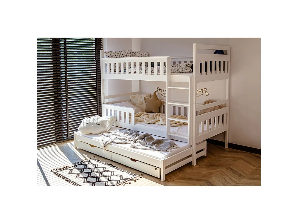 Lit superposé 3 places Korza 90x200 avec lit gigogne et 2 Tiroirs Blanc Livré avec sommiers Livré avec sommiers, tiroir et matelas en mousse de 7cm