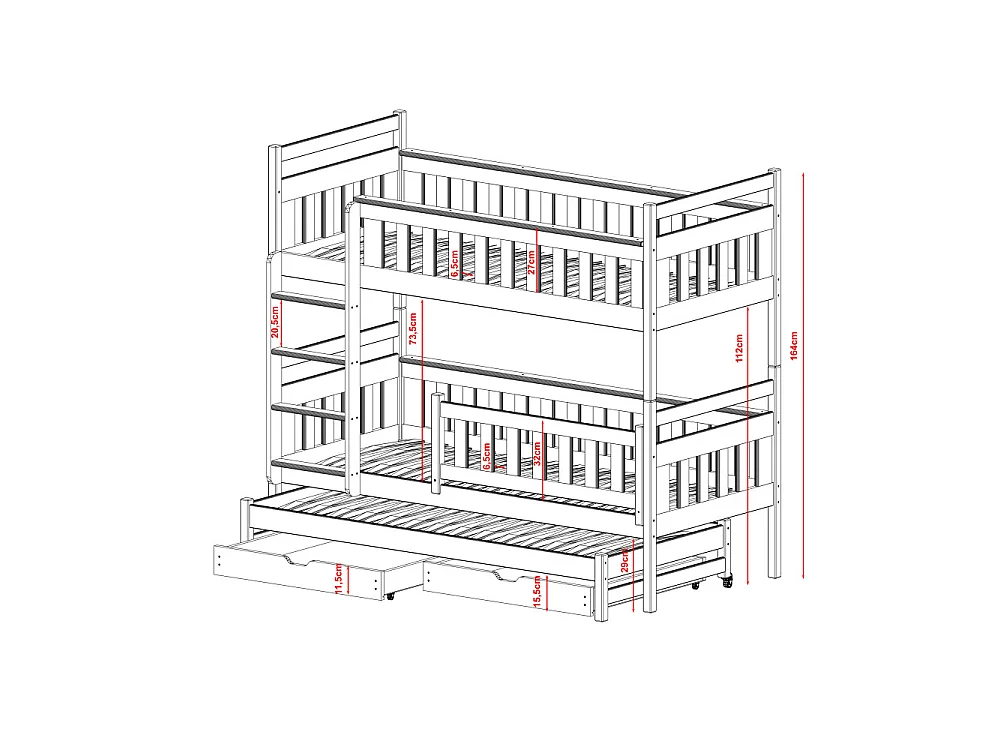 Lit superposé 3 places Korza 90x200 avec lit gigogne et 2 Tiroirs Blanc Livré avec sommiers Livré avec sommiers, tiroir et matelas en mousse de 7cm