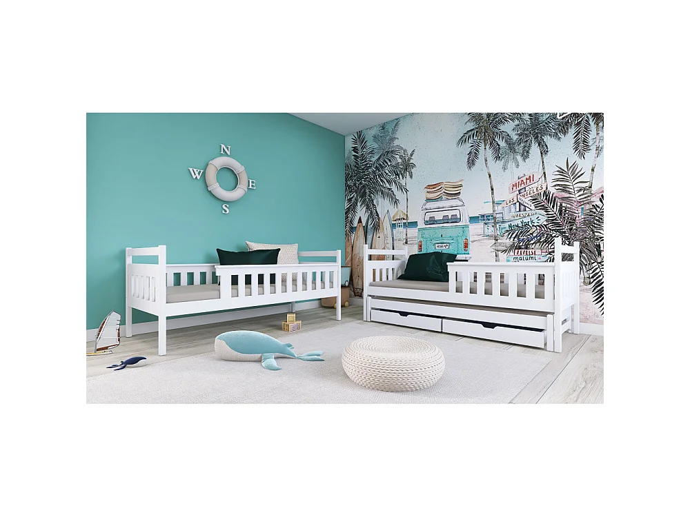 Lit superposé 3 places Korza 90x200 avec lit gigogne et 2 Tiroirs Blanc Livré avec sommiers Livré avec sommiers, tiroir et matelas en mousse de 7cm