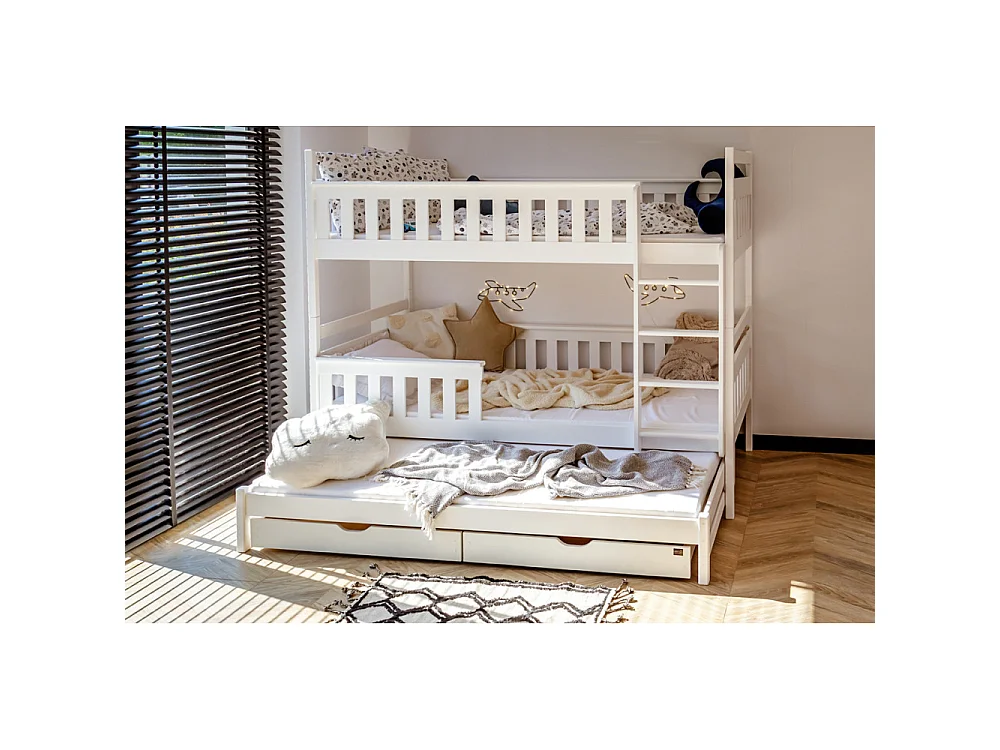 Lit superposé 3 places Korza 90x200 avec lit gigogne et 2 Tiroirs Blanc Livré avec sommiers Livré avec sommiers, tiroir et matelas en mousse de 7cm