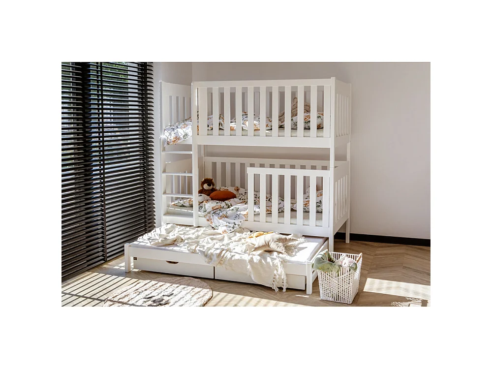 Lit superposé 3 places EMILY 90x200 avec lit gigogne Blanc Livré avec sommiers Livré avec sommiers, tiroir et matelas en mousse de 7cm