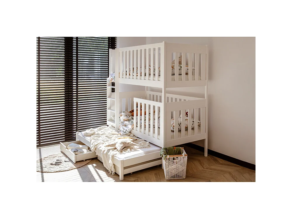 Lit superposé 3 places EMILY 90x200 avec lit gigogne Blanc Livré avec sommiers Livré avec sommiers, tiroir et matelas en mousse de 7cm