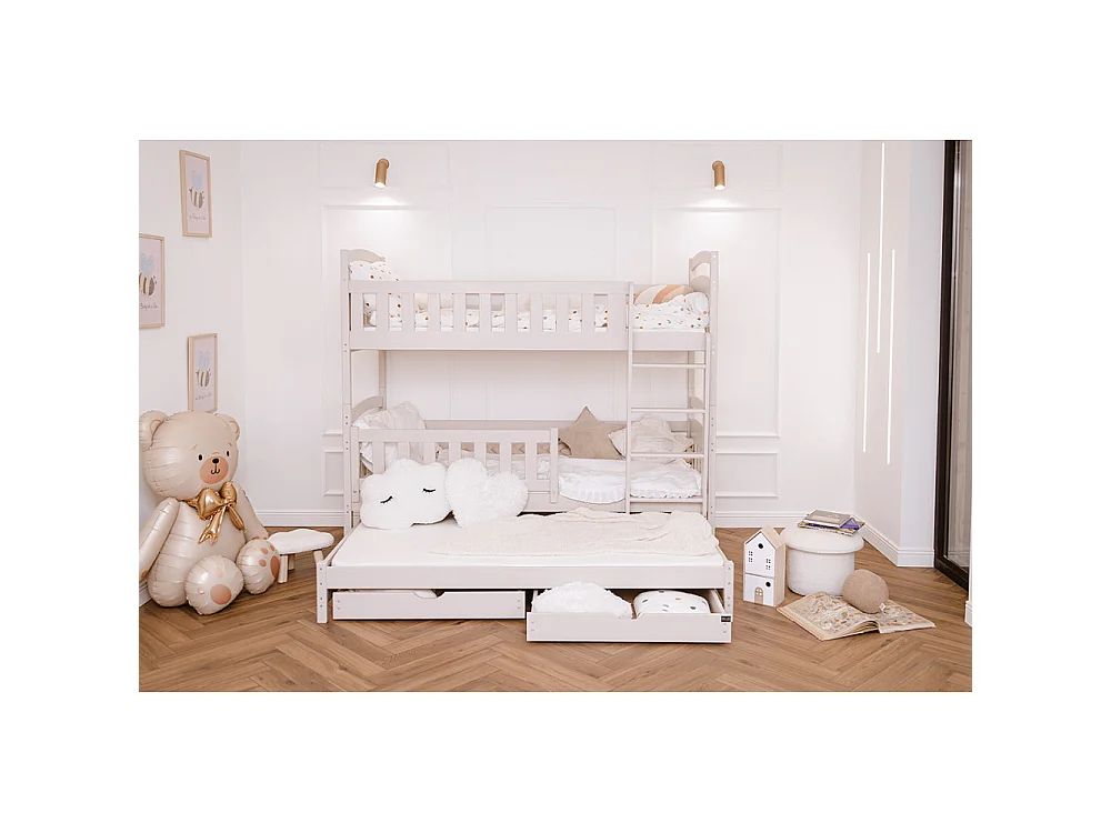 Lit superposé 3 places lanka 90x200 avec lit gigogne et 2 Tiroirs Cachemire Livré avec sommiers Livré avec sommiers, tiroir et matelas en mousse de 7cm