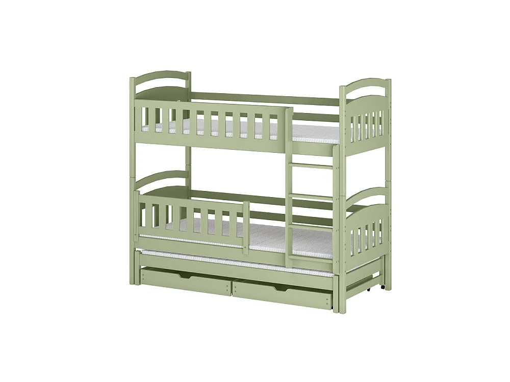 Lit superposé 3 places lanka 90x200 avec lit gigogne et 2 Tiroirs Vert olive Livré avec sommiers Livré avec sommiers, tiroir et matelas en mousse de 7cm