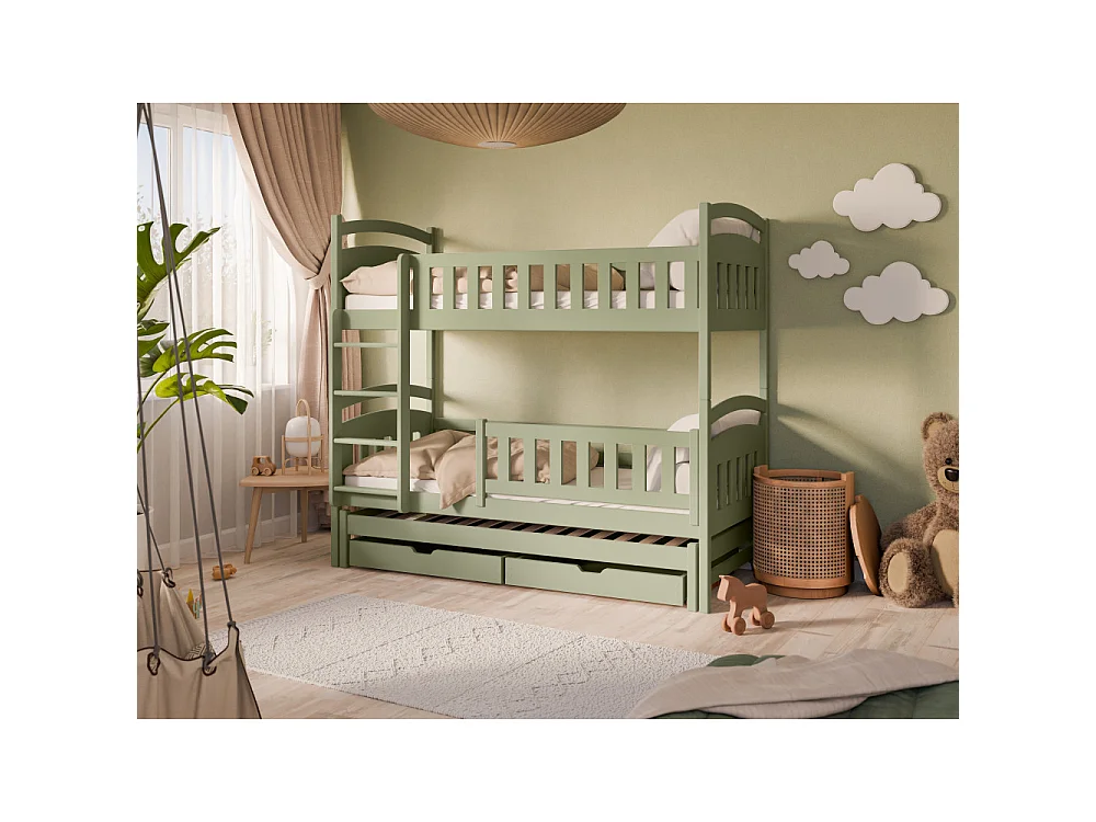 Lit superposé 3 places lanka 90x200 avec lit gigogne et 2 Tiroirs Vert olive Livré avec sommiers Livré avec sommiers, tiroir et matelas en mousse de 7cm