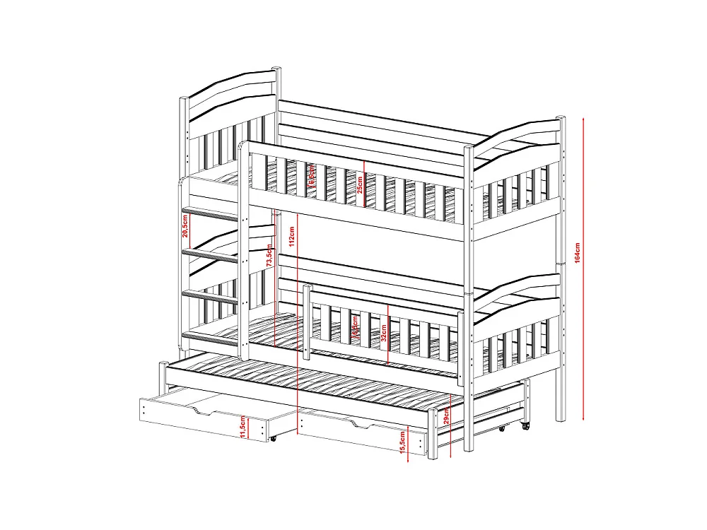 Lit superposé 3 places lanka 90x200 avec lit gigogne et 2 Tiroirs Vert olive Livré avec sommiers Livré avec sommiers, tiroir et matelas en mousse de 7cm
