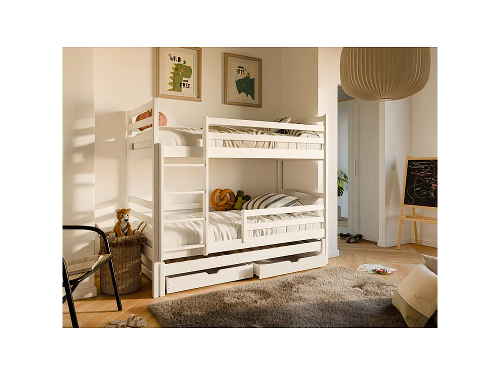 Lit superposé 3 places Lucas 90x200 avec lit gigogne et 2 Tiroirs Blanc Livré avec sommiers Livré avec sommiers, tiroir et matelas en mousse de 7cm
