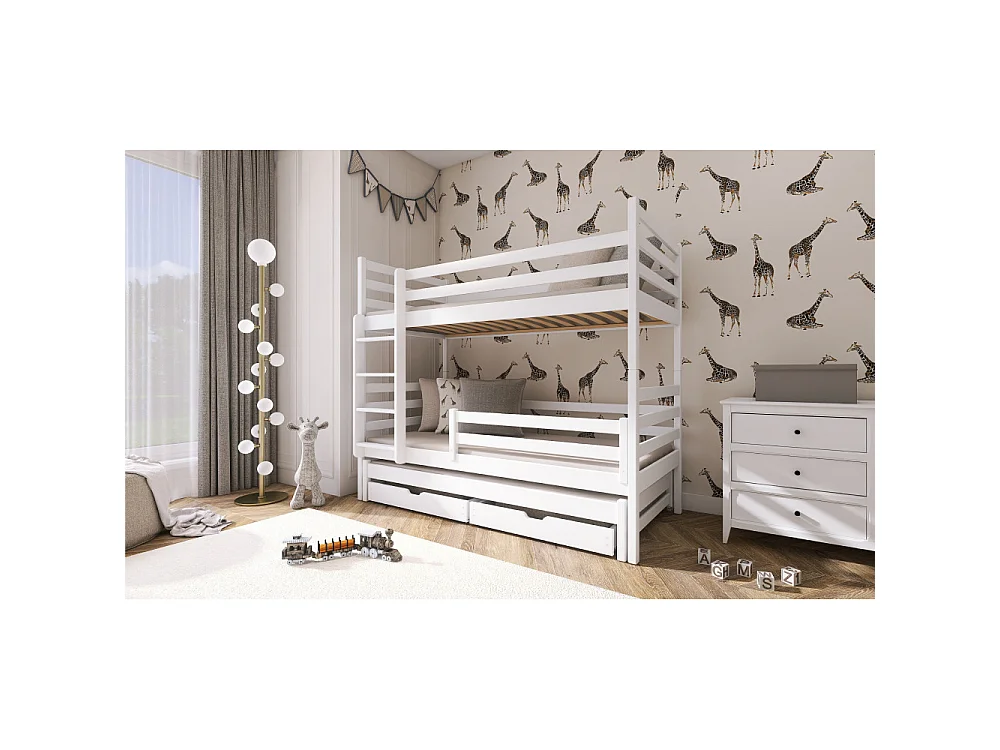 Lit superposé 3 places Lucas 90x200 avec lit gigogne et 2 Tiroirs Blanc Livré avec sommiers Livré avec sommiers, tiroir et matelas en mousse de 7cm