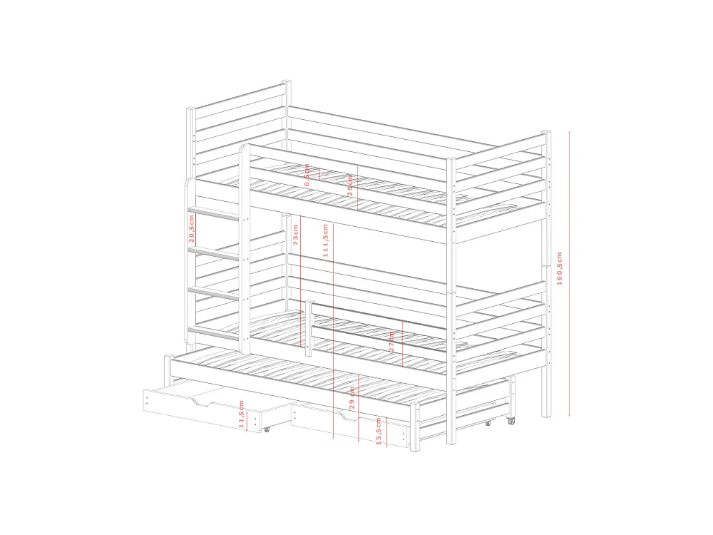 Lit superposé 3 places Lucas 90x200 avec lit gigogne et 2 Tiroirs Blanc Livré avec sommiers Livré avec sommiers, tiroir et matelas en mousse de 7cm