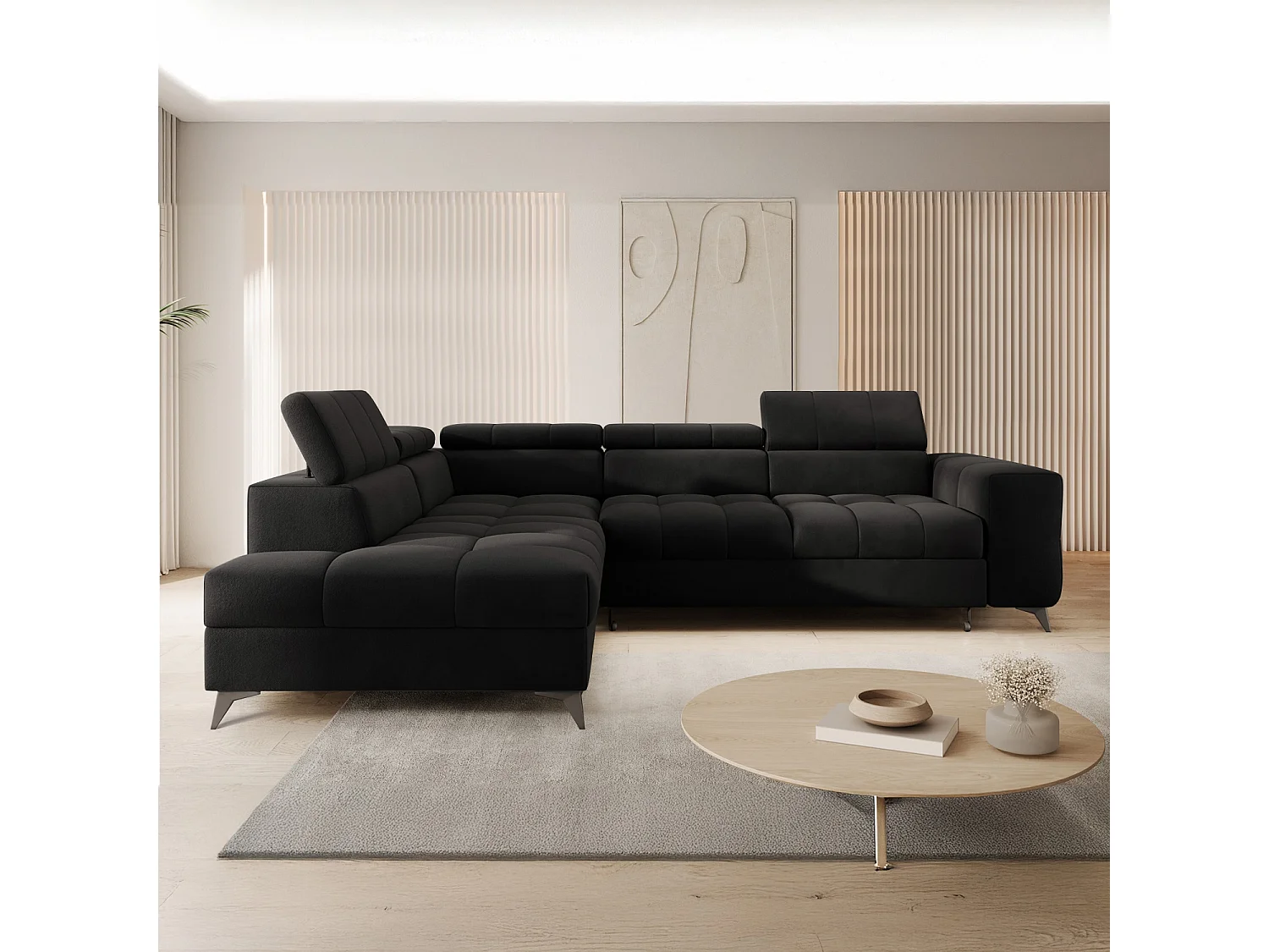 Canapé d'angle gauche convertible Gaspard velours Noir