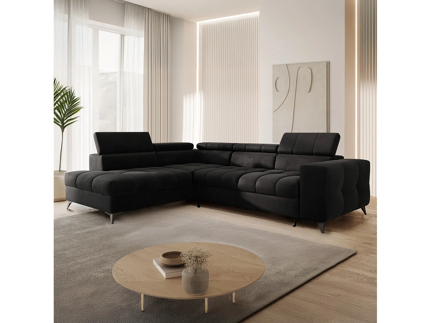 Canapé d'angle gauche convertible Gaspard velours Noir