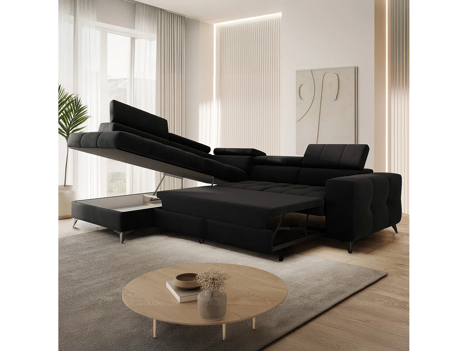 Canapé d'angle gauche convertible Gaspard velours Noir