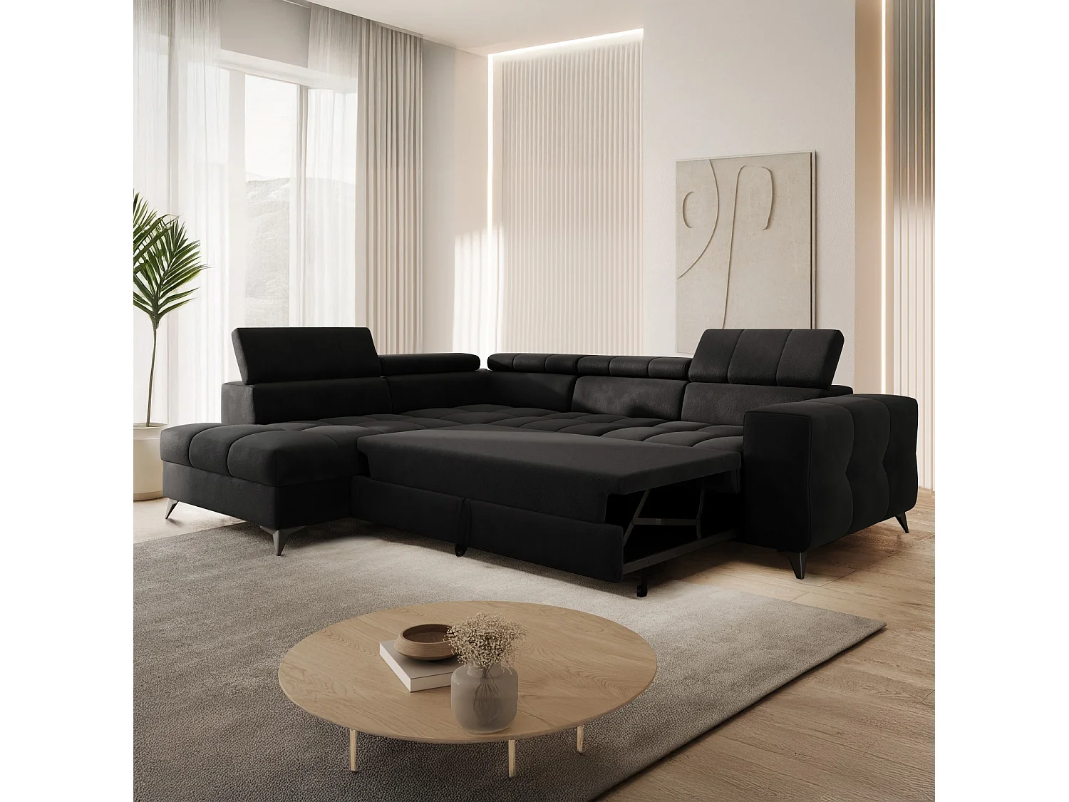 Canapé d'angle gauche convertible Gaspard velours Noir