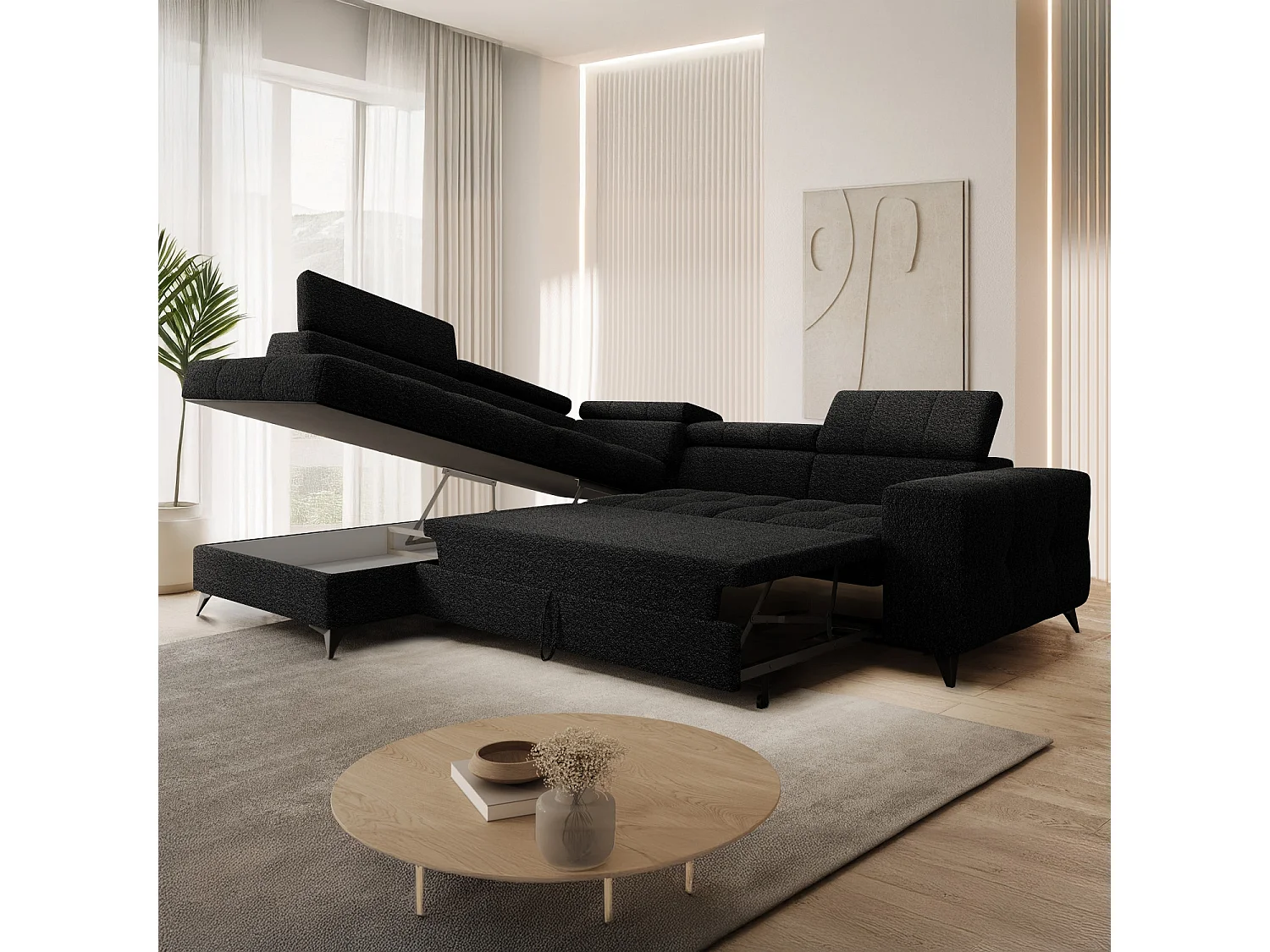 Canapé d'angle gauche convertible Gaspard Bouclette Noir