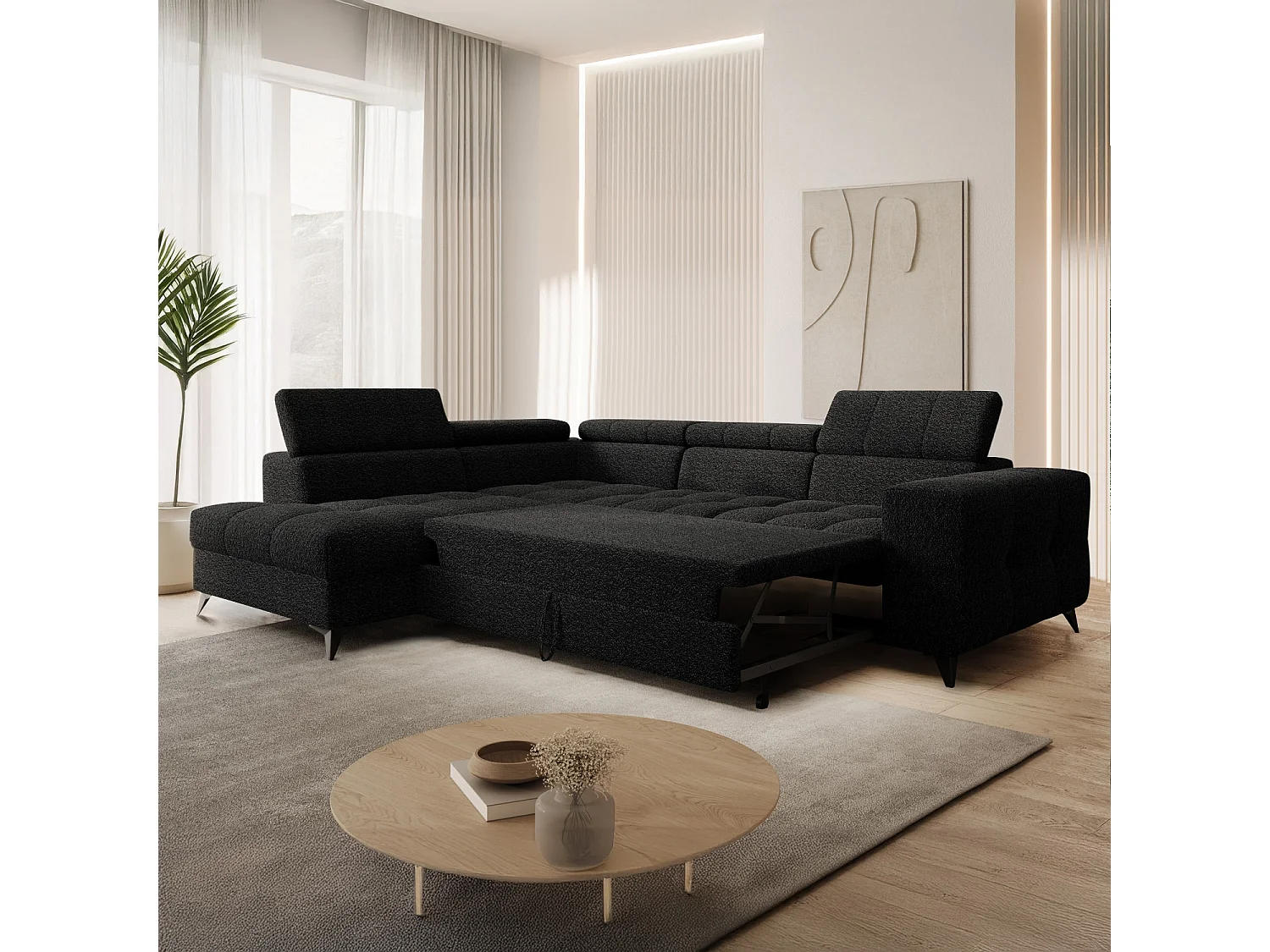 Canapé d'angle gauche convertible Gaspard Bouclette Noir