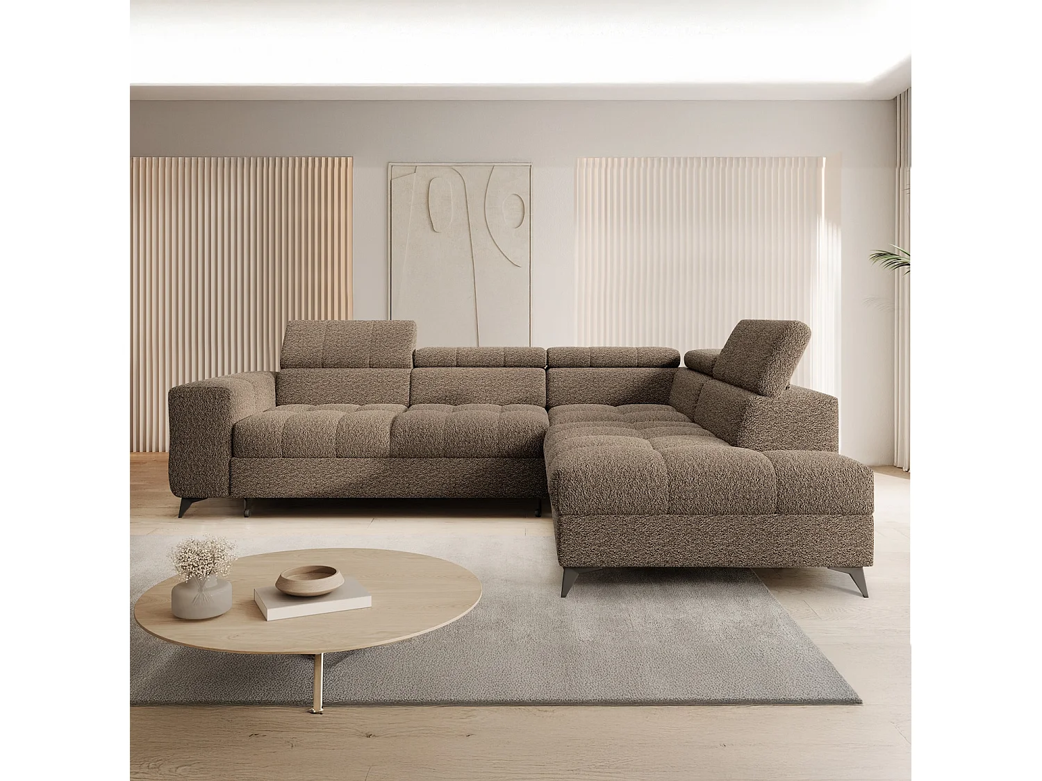 Canapé d'angle droit convertible Gaspard Bouclette Taupe