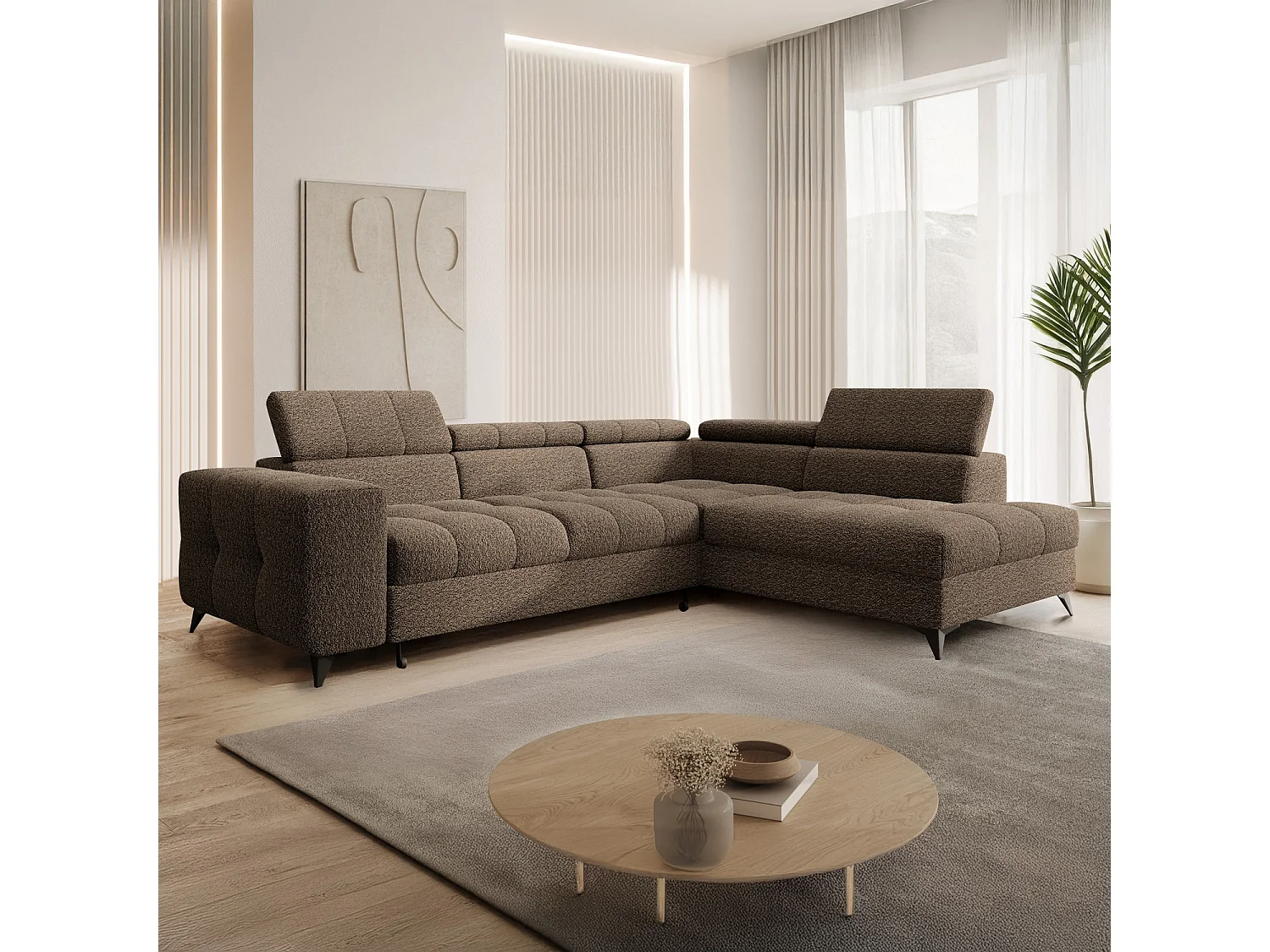 Canapé d'angle droit convertible Gaspard Bouclette Taupe