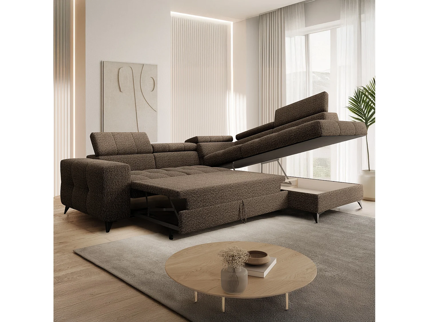 Canapé d'angle droit convertible Gaspard Bouclette Taupe