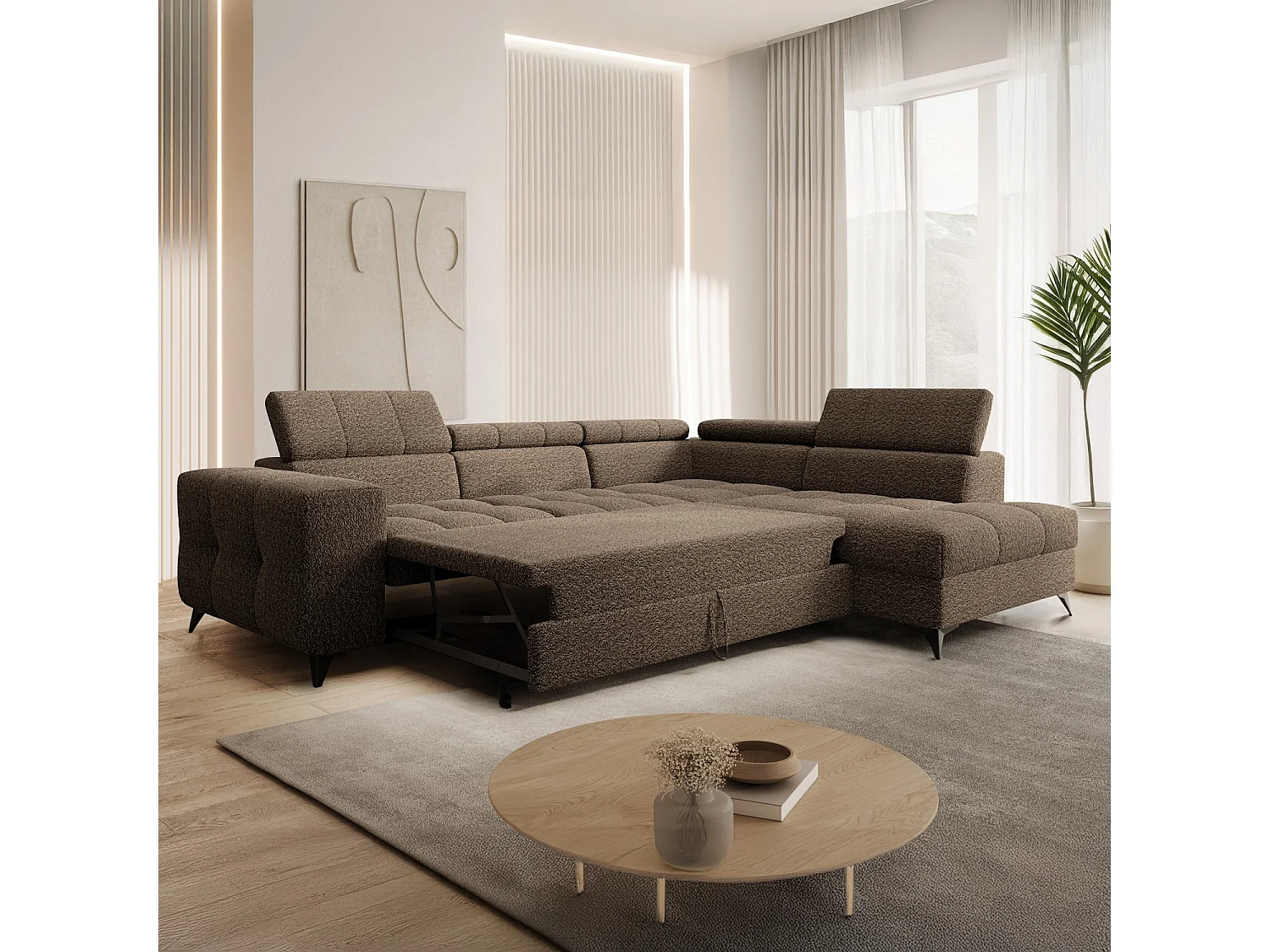 Canapé d'angle droit convertible Gaspard Bouclette Taupe