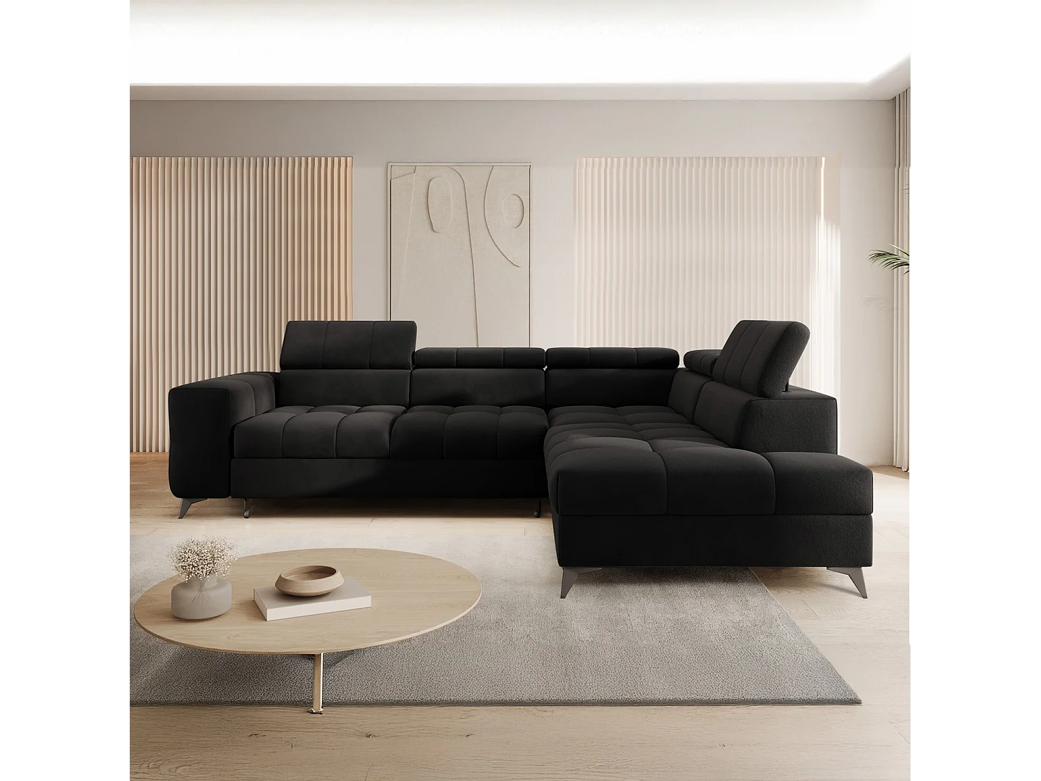 Canapé d'angle droit convertible Gaspard velours Noir