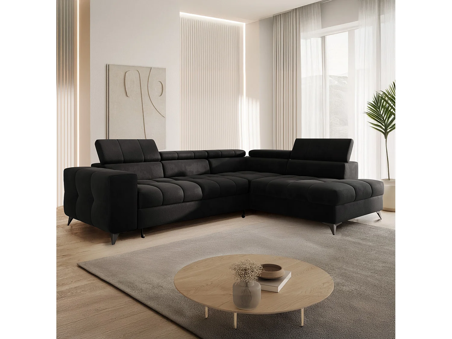 Canapé d'angle droit convertible Gaspard velours Noir