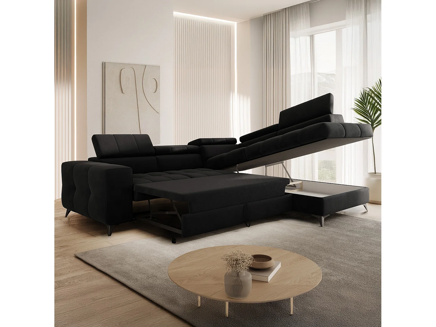 Canapé d'angle droit convertible Gaspard velours Noir