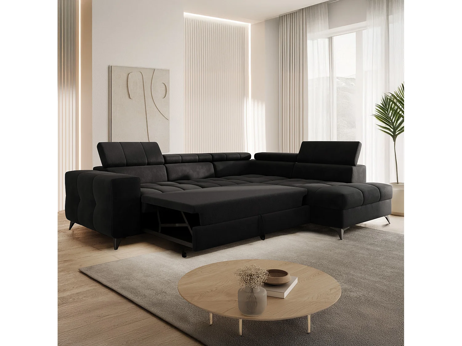 Canapé d'angle droit convertible Gaspard velours Noir