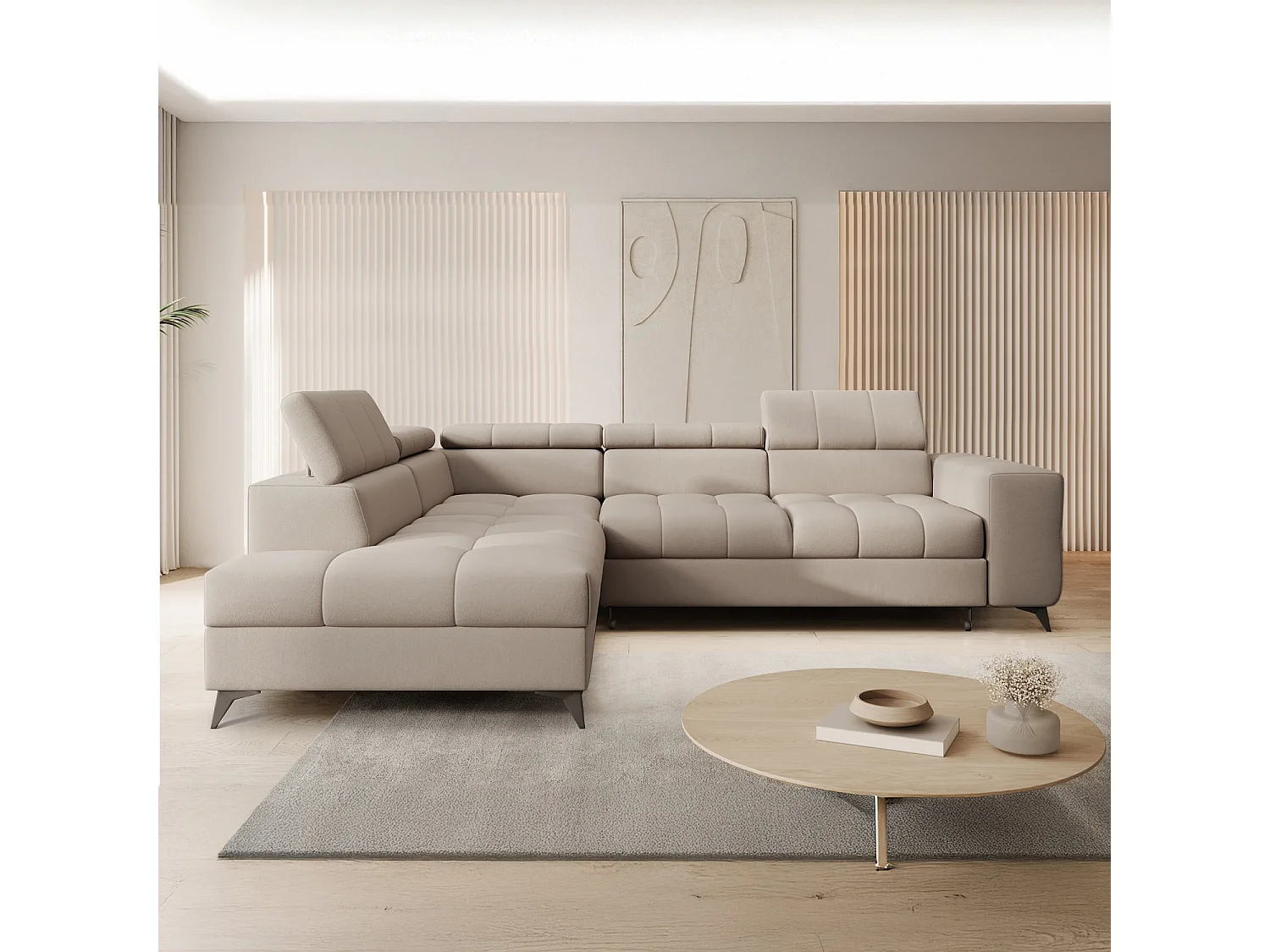 Canapé d'angle gauche convertible Gaspard velours Beige