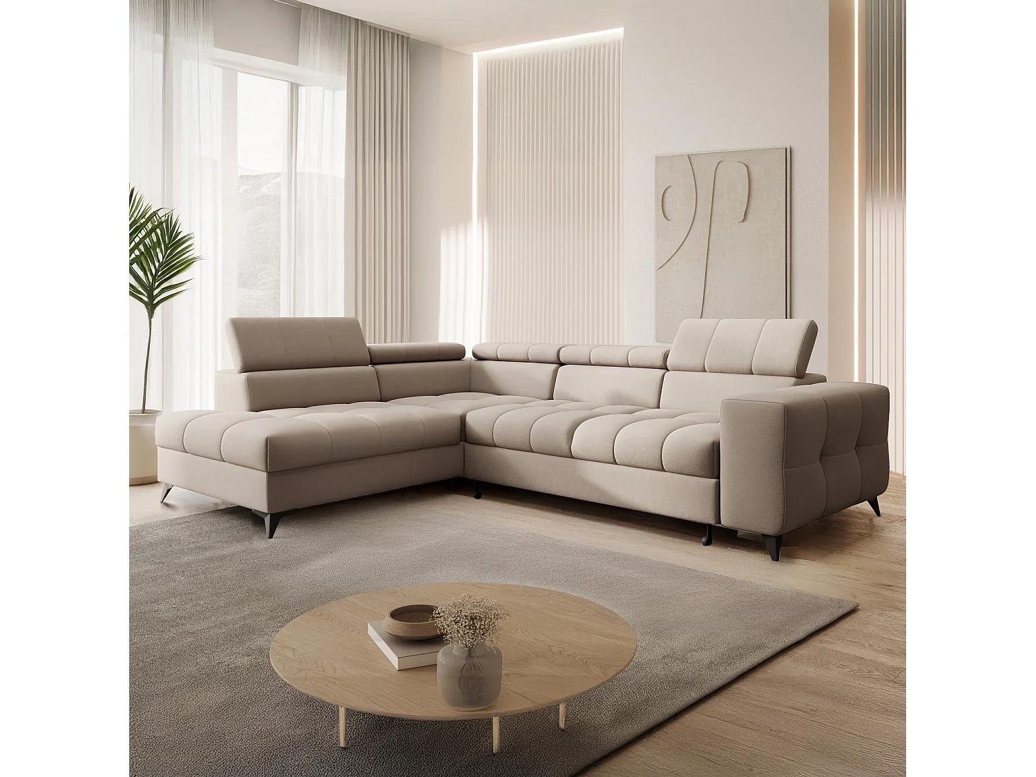 Canapé d'angle gauche convertible Gaspard velours Beige