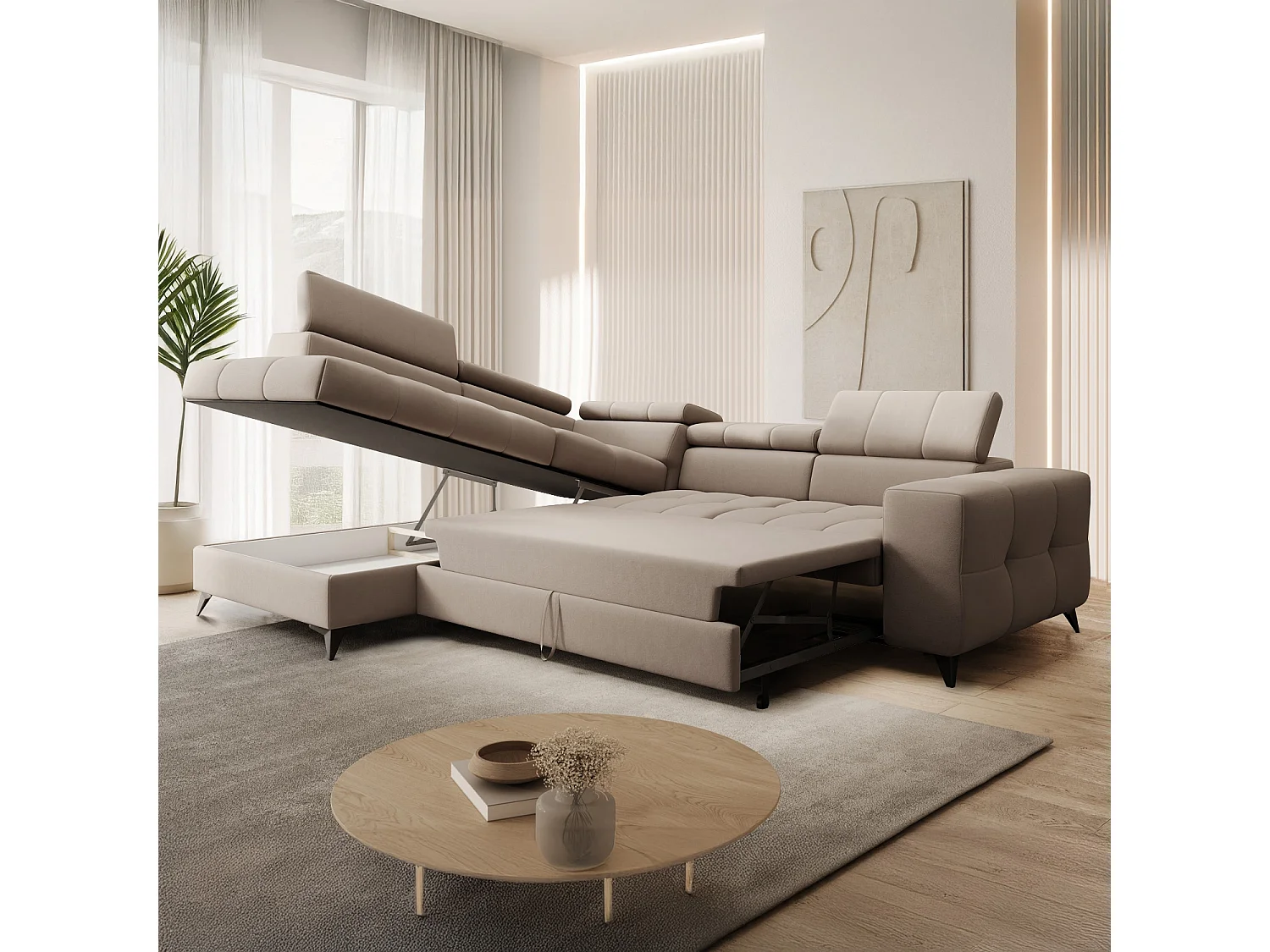 Canapé d'angle gauche convertible Gaspard velours Beige