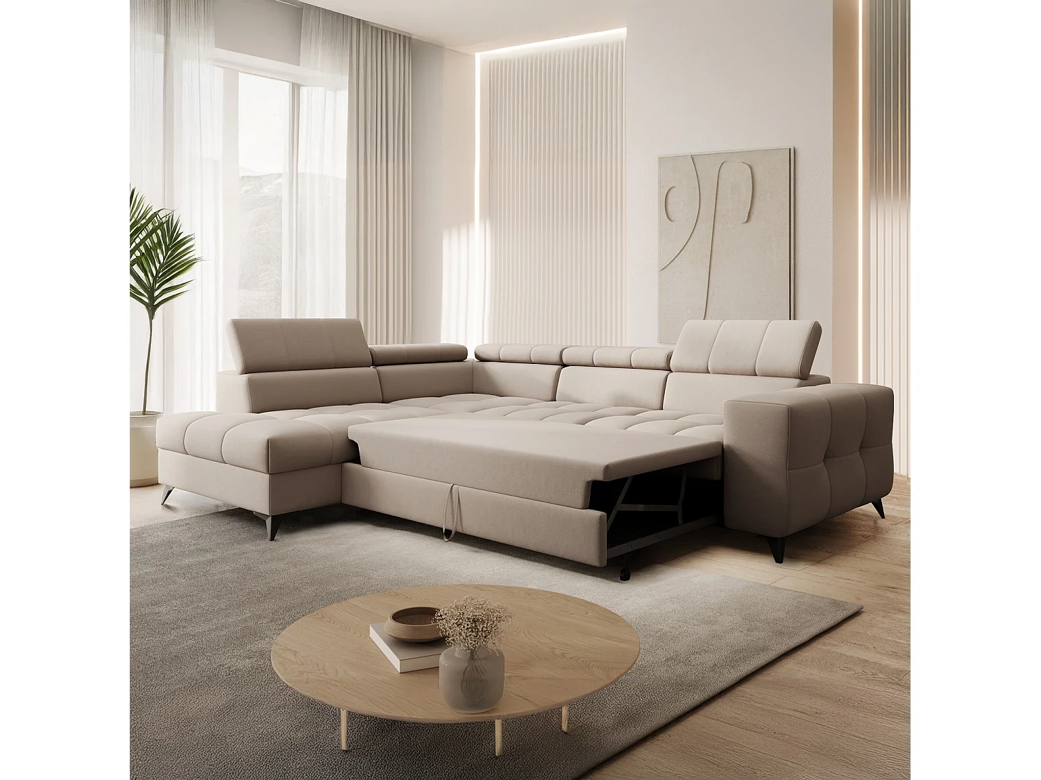 Canapé d'angle gauche convertible Gaspard velours Beige