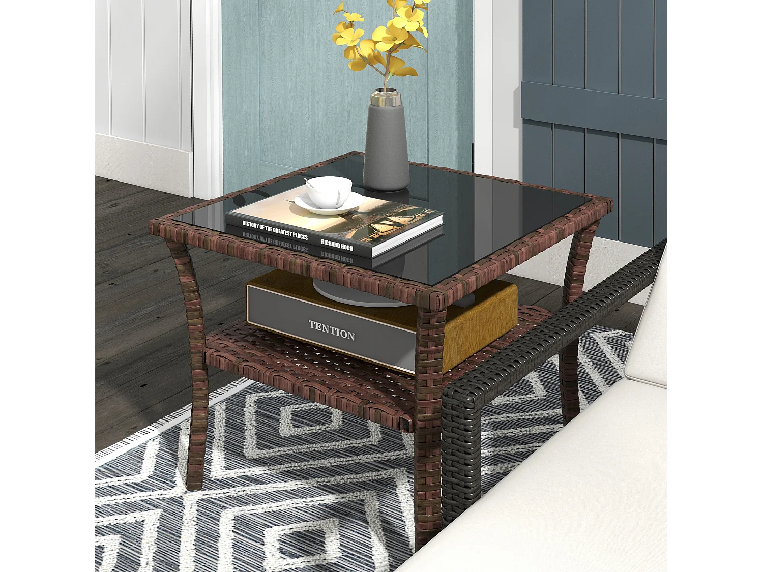 Table basse de jardin avec étagère et plateau verre trempé dim. 50 x 50 x 45 cm résine tressée chocolat