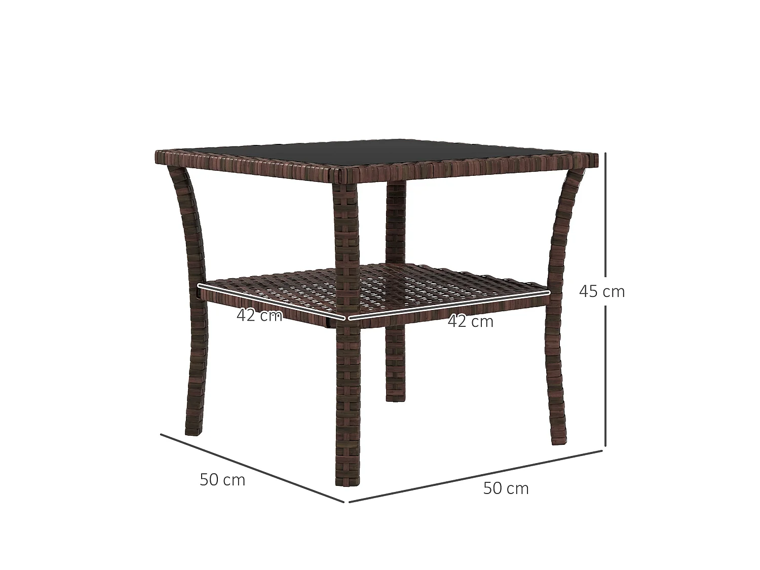 Table basse de jardin avec étagère et plateau verre trempé dim. 50 x 50 x 45 cm résine tressée chocolat