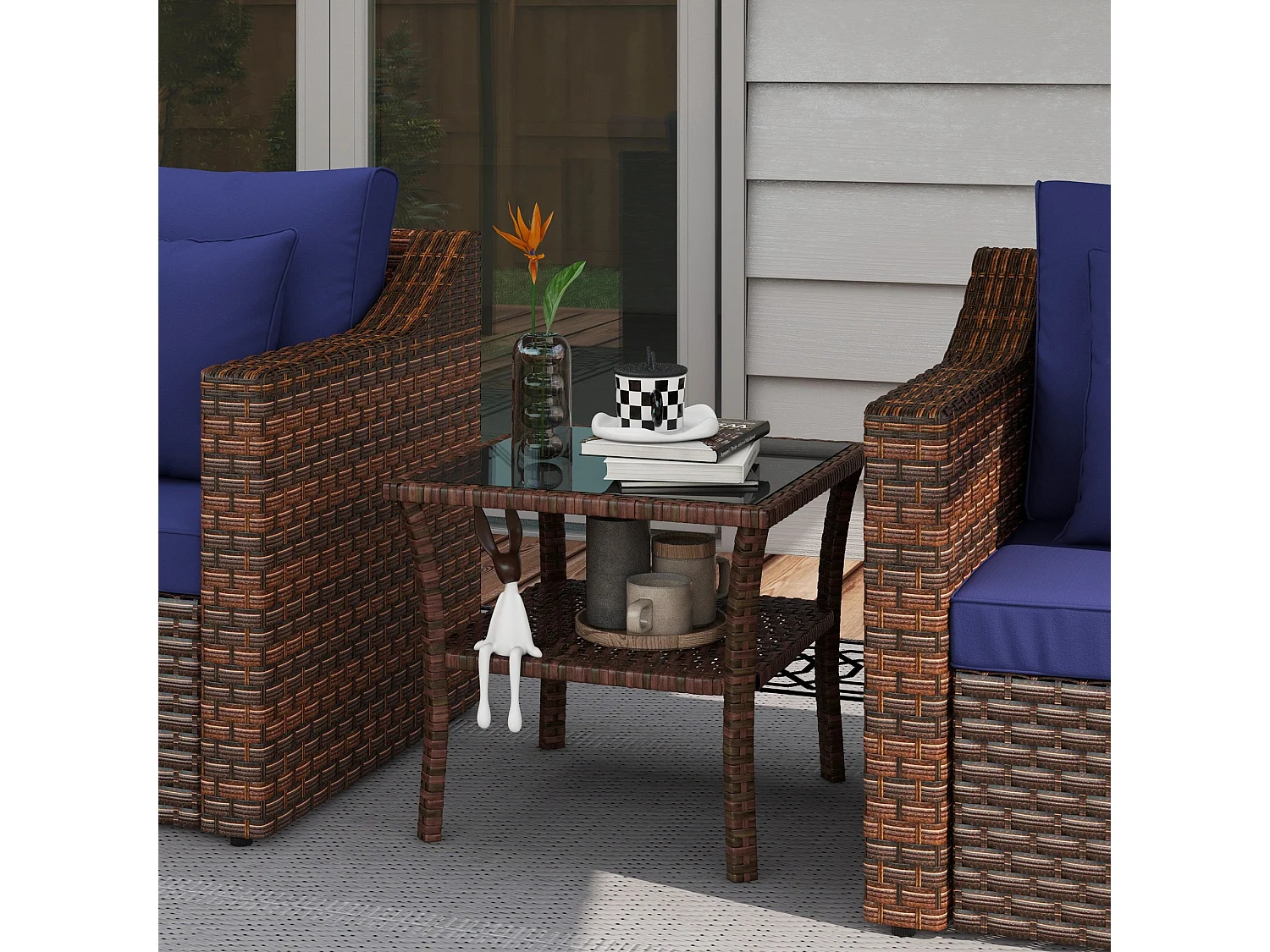 Table basse de jardin avec étagère et plateau verre trempé dim. 50 x 50 x 45 cm résine tressée chocolat