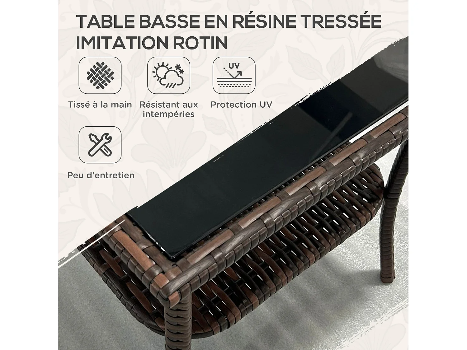 Table basse de jardin avec étagère et plateau verre trempé dim. 50 x 50 x 45 cm résine tressée chocolat