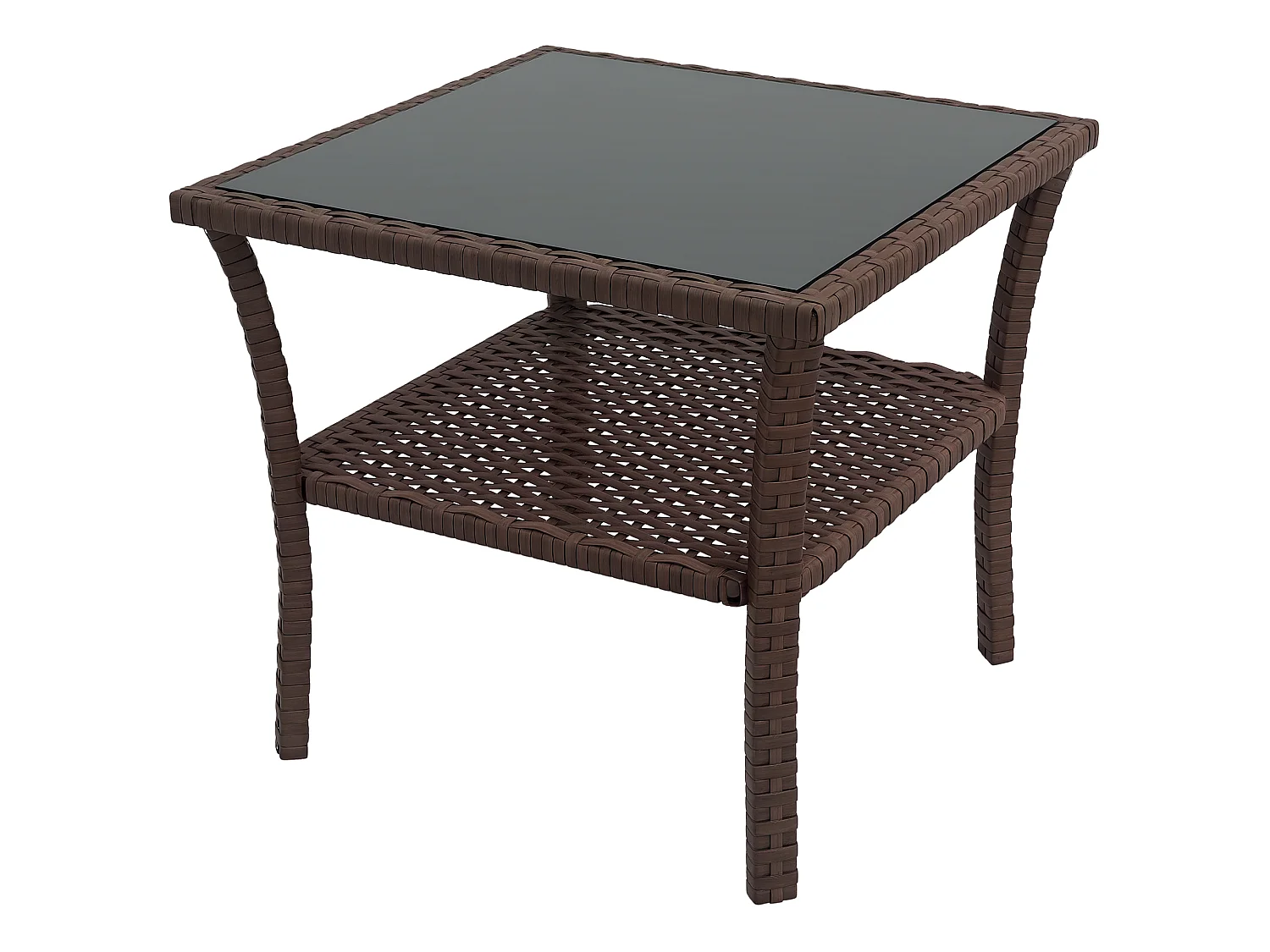 Table basse de jardin avec étagère et plateau verre trempé dim. 50 x 50 x 45 cm résine tressée chocolat