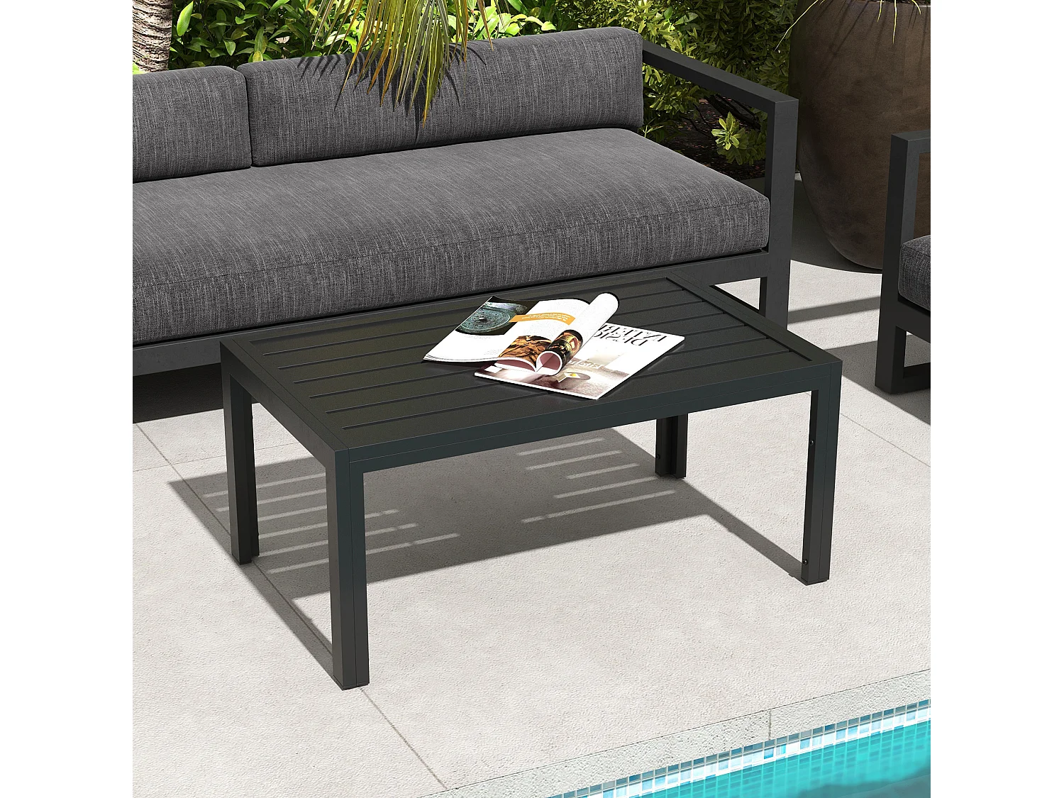 Table basse de jardin rectangulaire dim. 101,5 x 61 x 46 cm plateau à lattes métal époxy noir