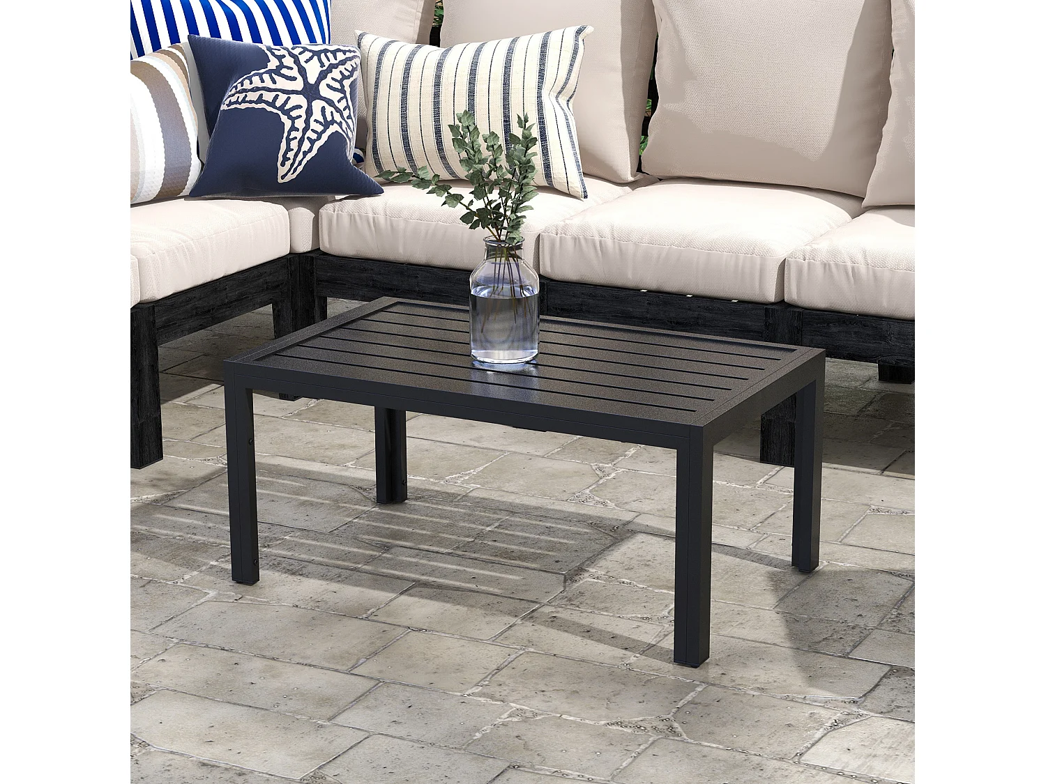 Table basse de jardin rectangulaire dim. 101,5 x 61 x 46 cm plateau à lattes métal époxy noir