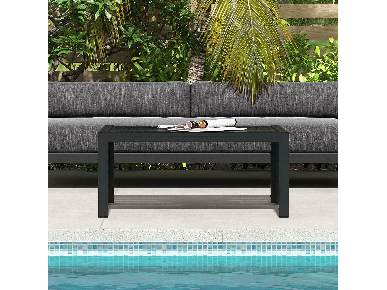 Table basse de jardin rectangulaire dim. 101,5 x 61 x 46 cm plateau à lattes métal époxy noir